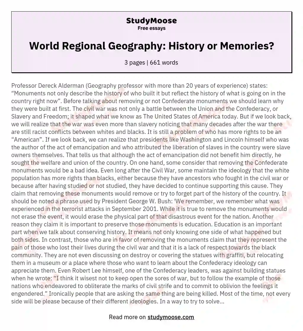 World Regional Geography:  History or Memories? essay