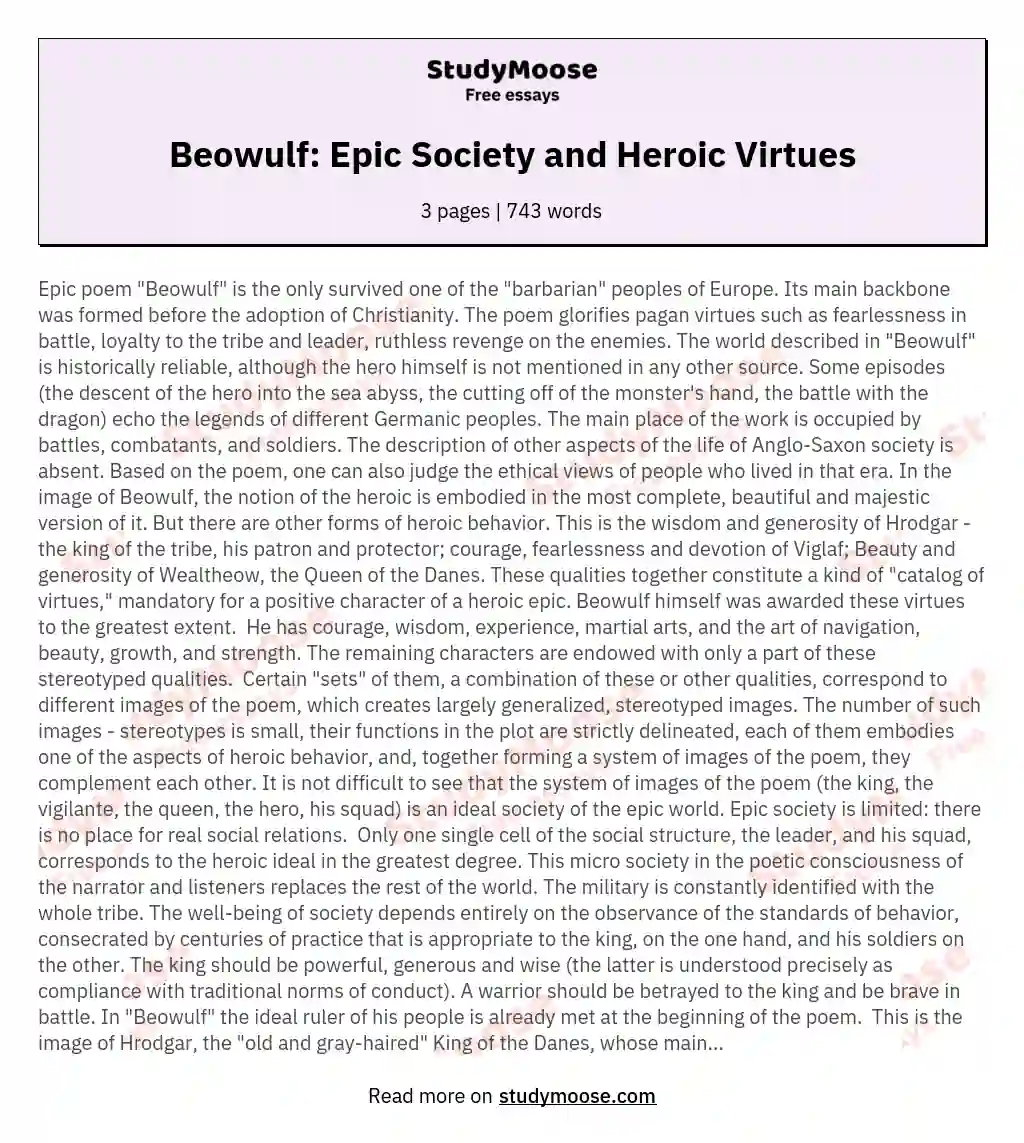Beowulf: Epic Society and Heroic Virtues essay