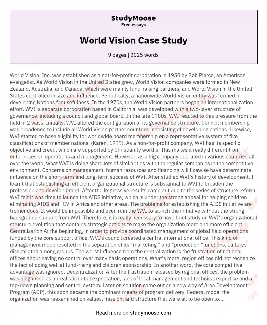 World Vision Case Study essay