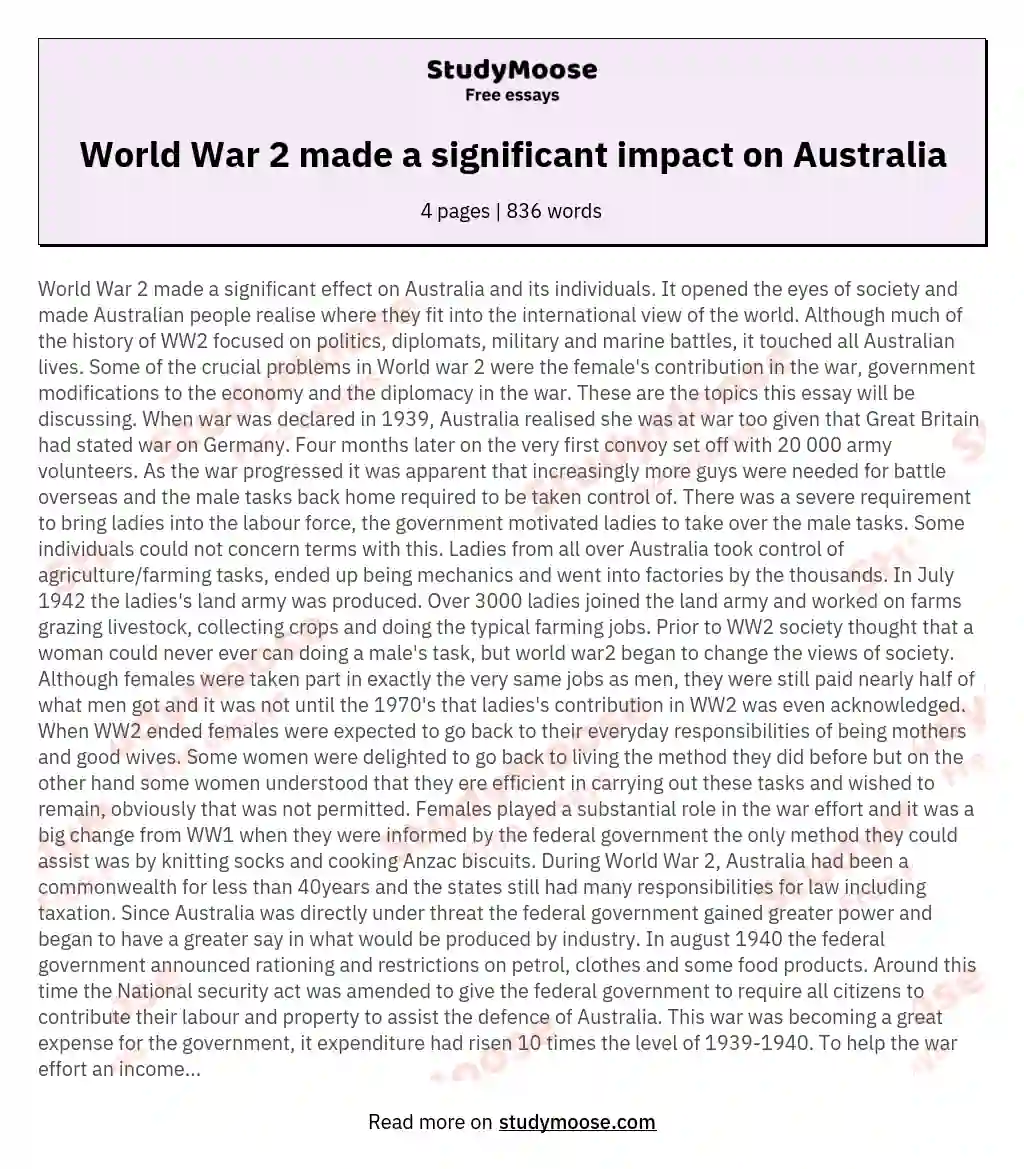 World War 2 made a significant impact on Australia essay