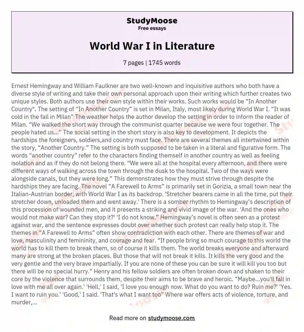 World War I in Literature essay