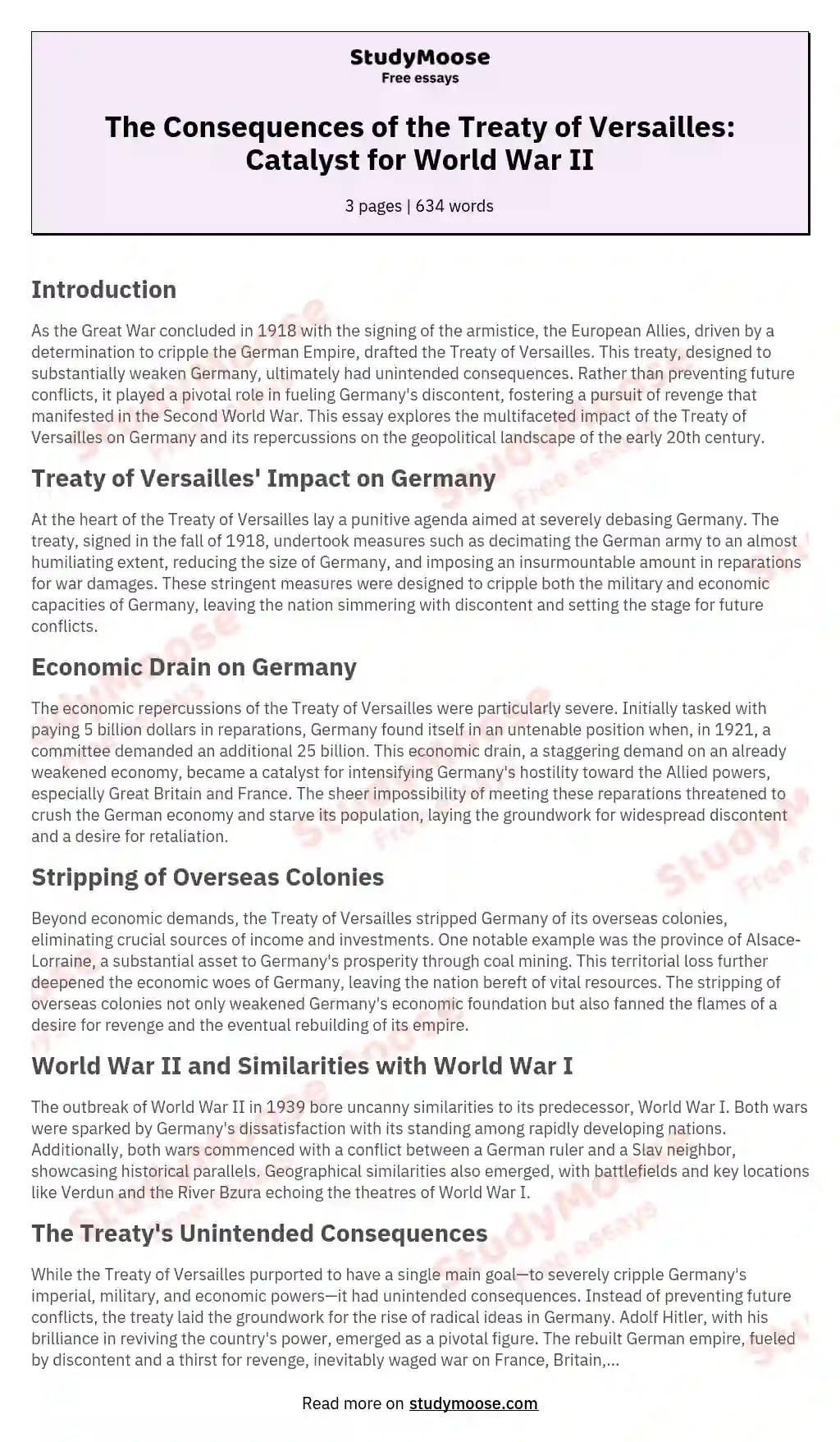 The Consequences of the Treaty of Versailles: Catalyst for World War II essay