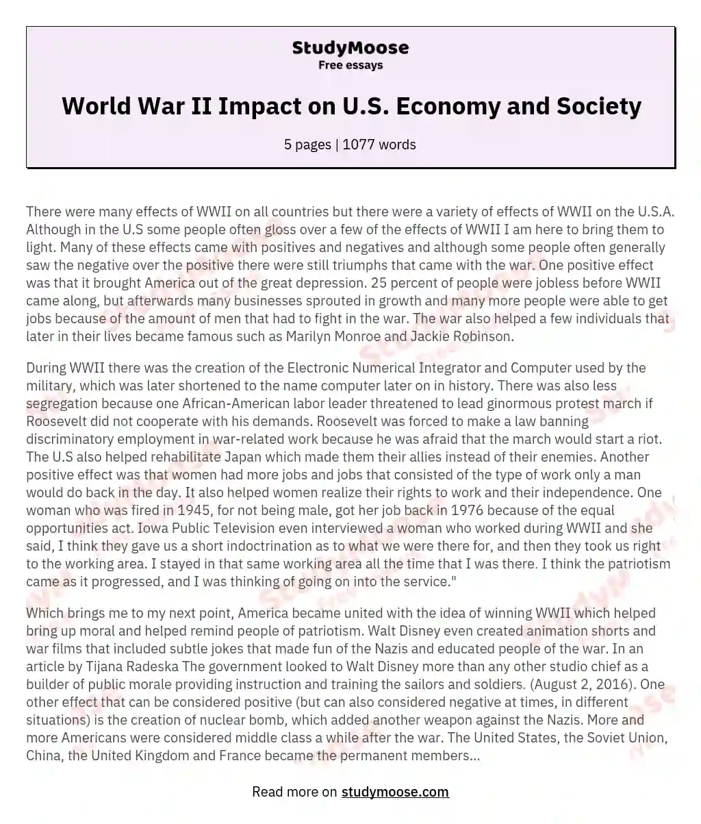 World War II Impact on U.S. Economy and Society essay
