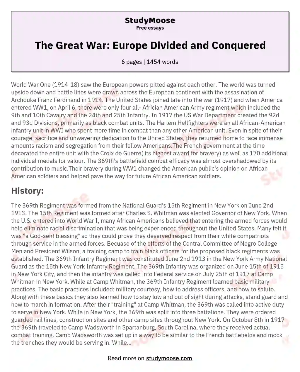 The Great War: Europe Divided and Conquered essay
