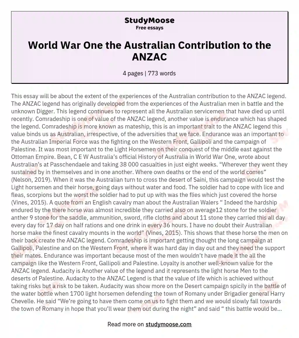 World War One the Australian Contribution to the ANZAC essay