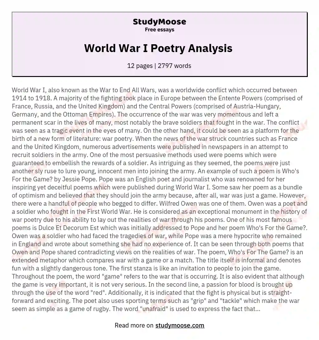 World War I Poetry Analysis  essay