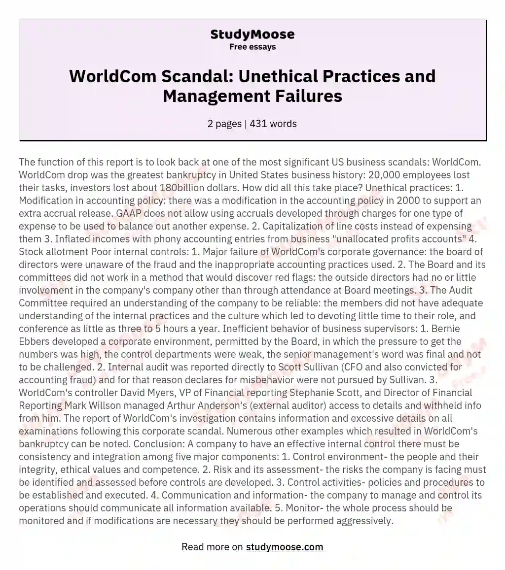 WorldCom Scandal: Unethical Practices and Management Failures essay