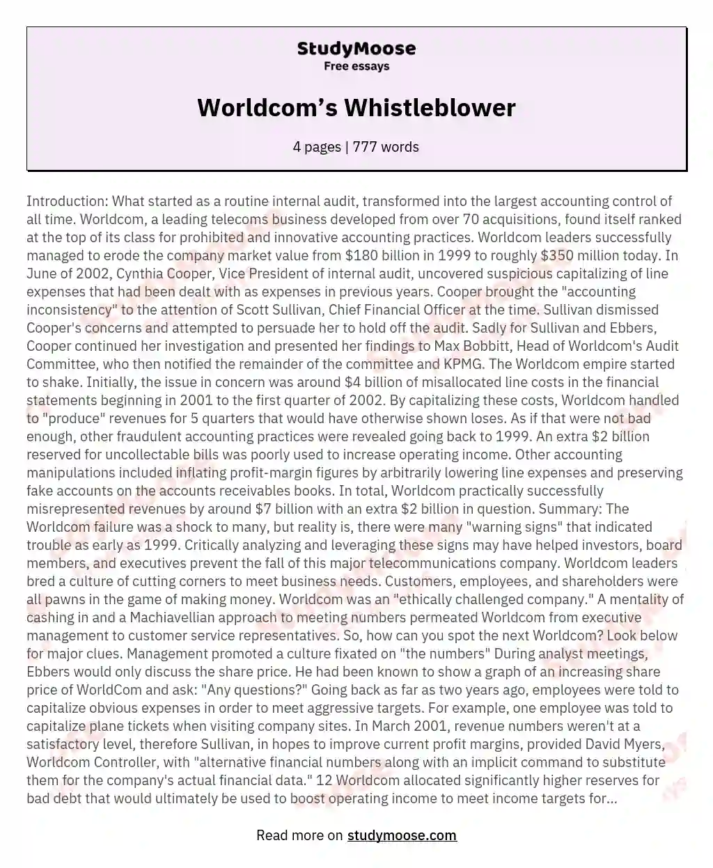 Worldcom’s Whistleblower essay