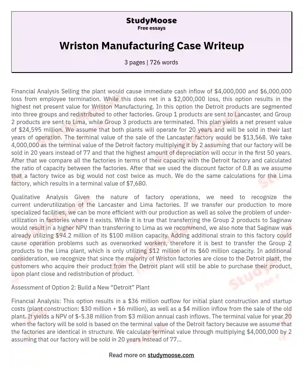 Wriston Manufacturing Case Writeup essay