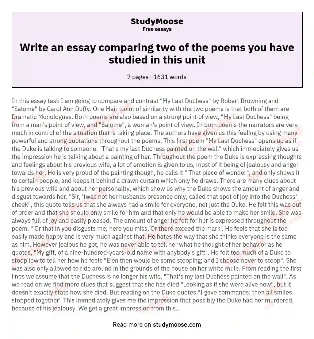 Write an essay comparing two of the poems you have studied in this unit essay