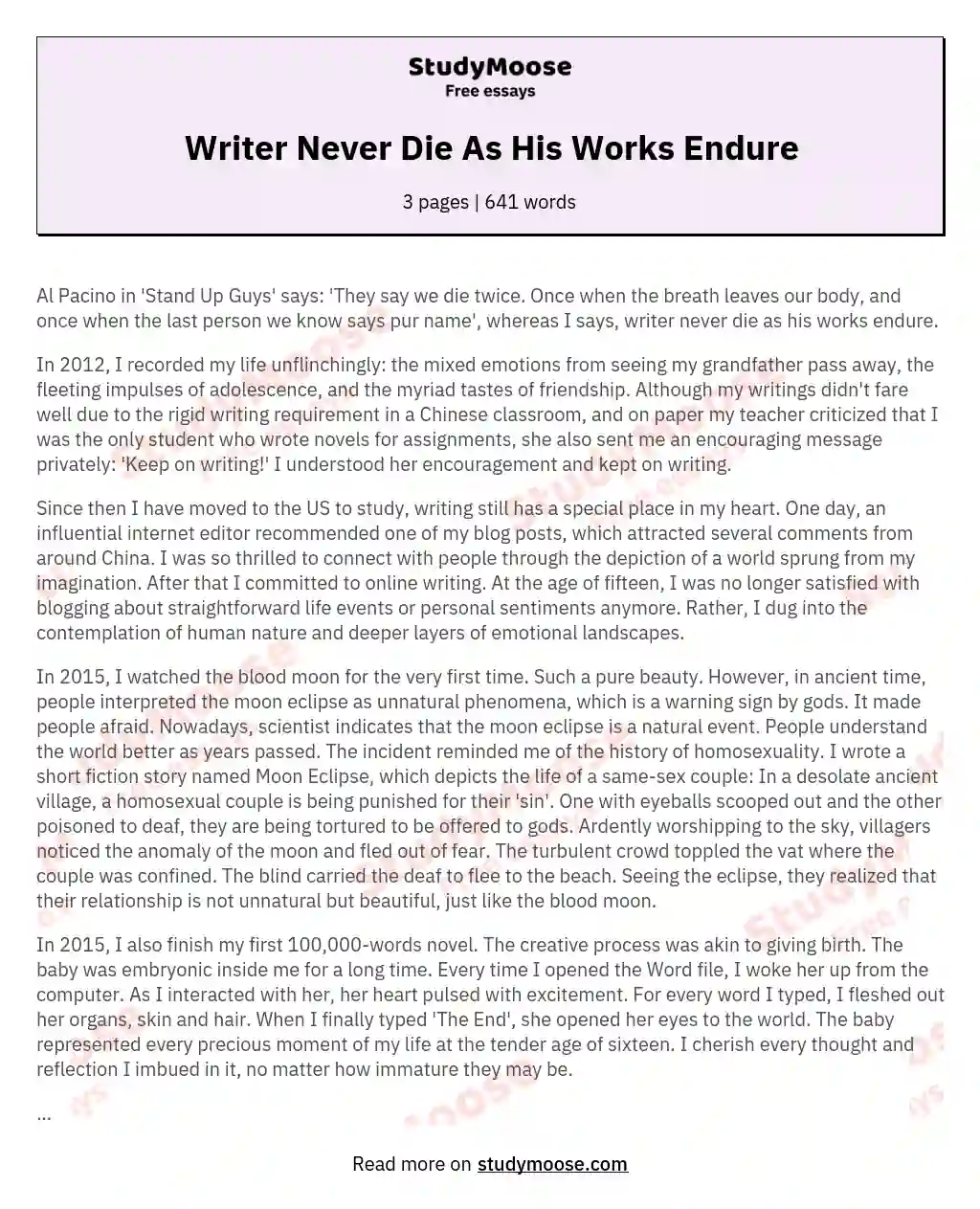 Writer Never Die As His Works Endure