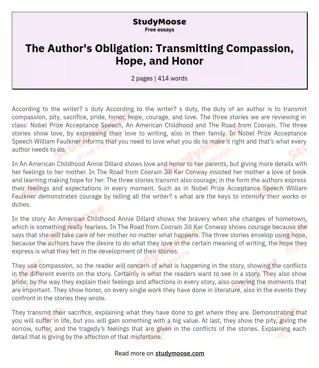 The Author's Obligation: Transmitting Compassion, Hope, and Honor essay