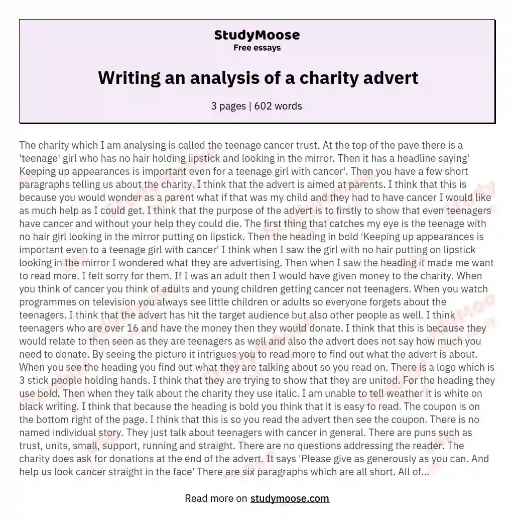 Writing an analysis of a charity advert essay