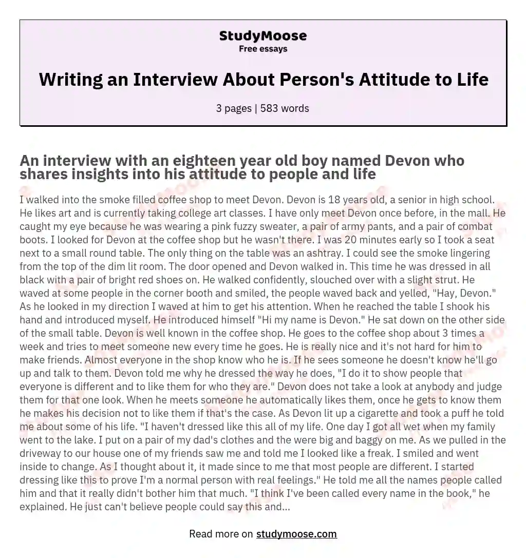 Writing an Interview About Person's Attitude to Life essay