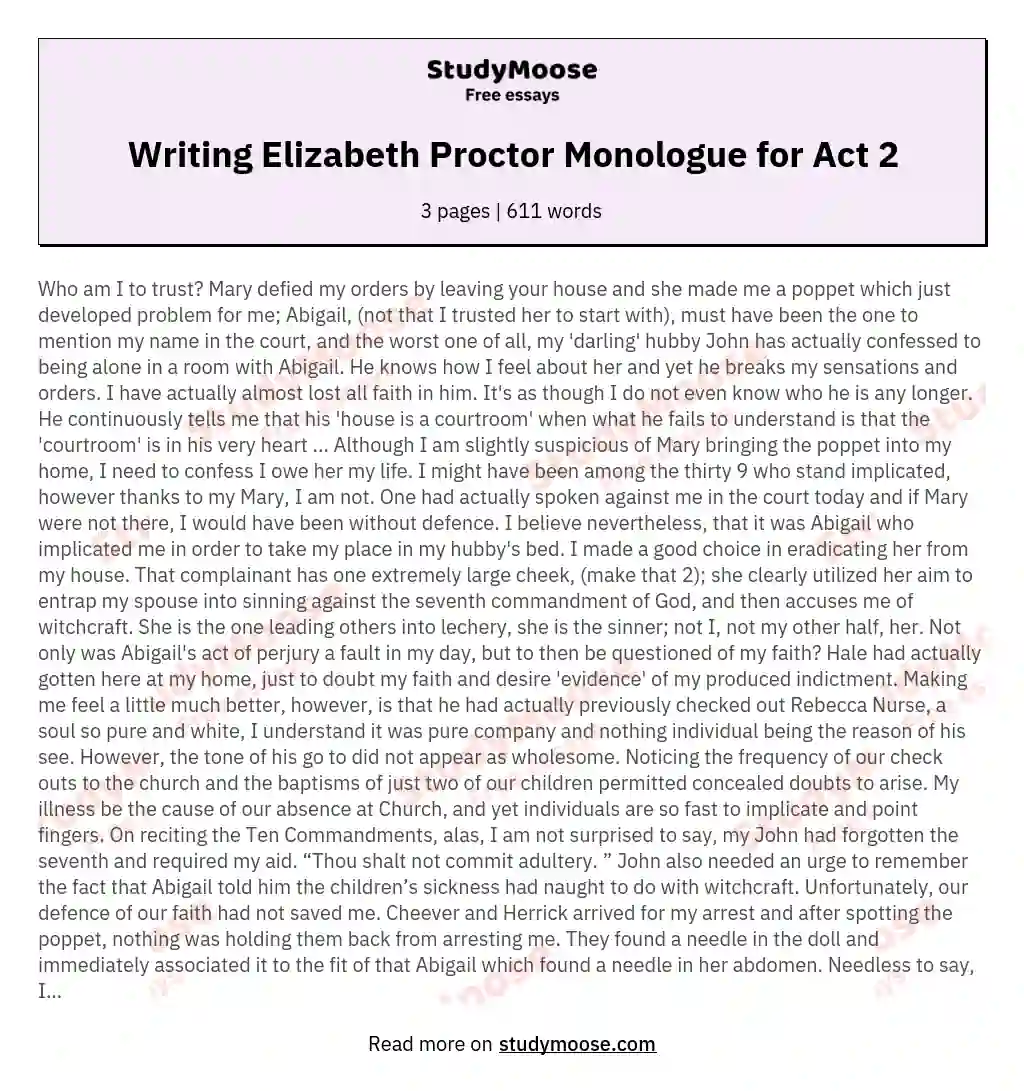Writing Elizabeth Proctor Monologue for Act 2 essay