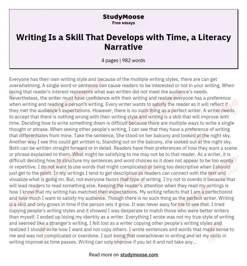 Writing Is a Skill That Develops with Time, a Literacy Narrative essay