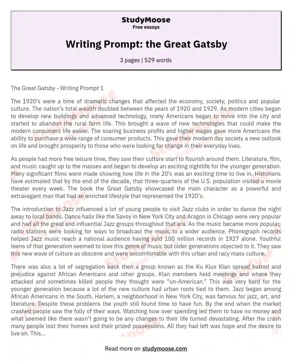 Writing Prompt: the Great Gatsby essay