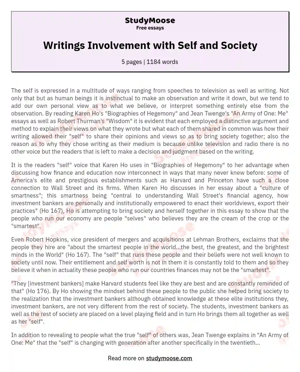 Writings Involvement with Self and Society essay