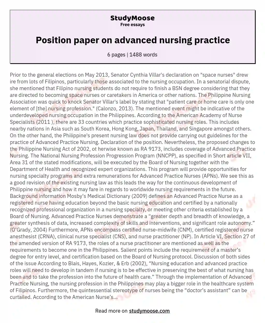 Position paper on advanced nursing practice