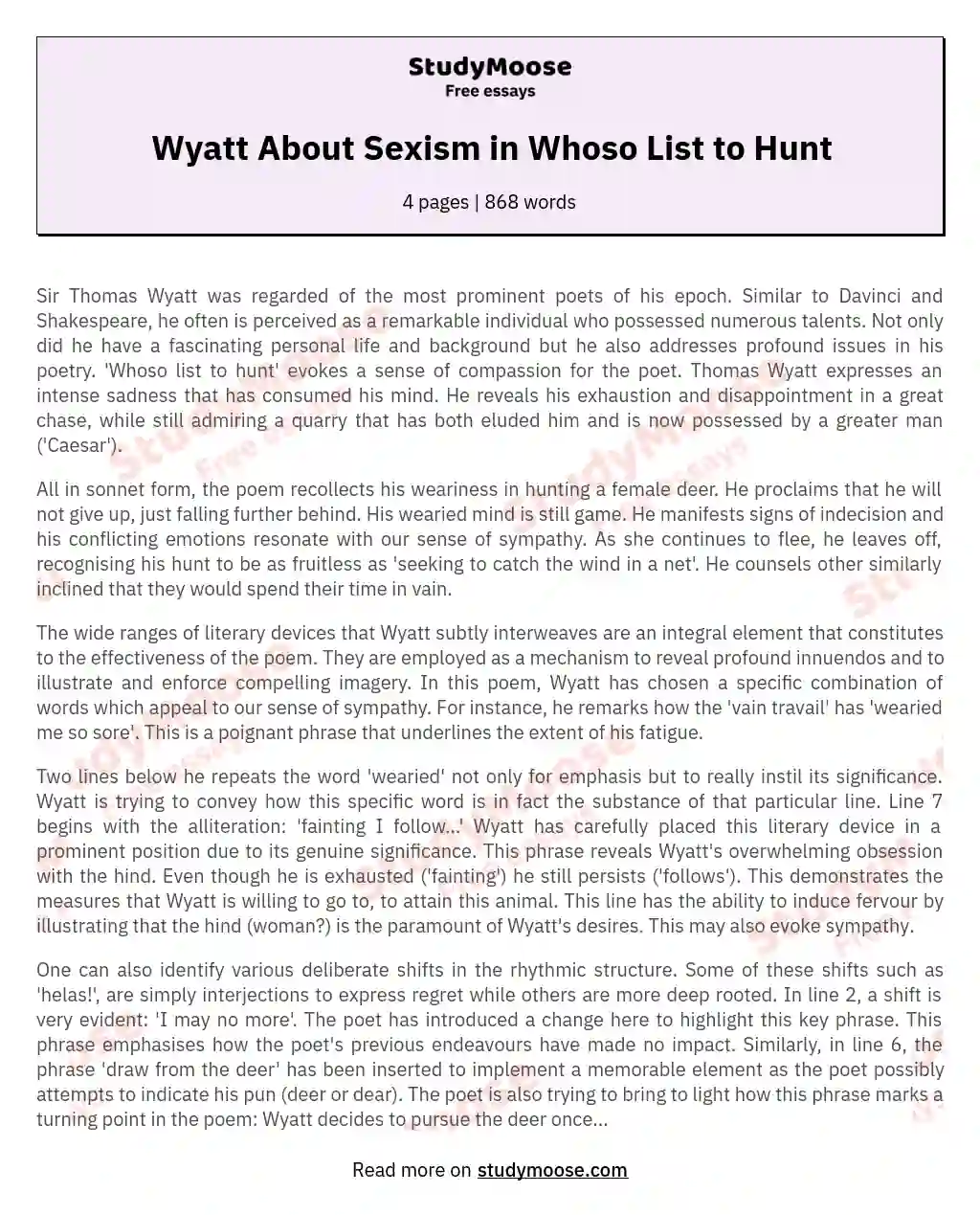 Wyatt About Sexism in Whoso List to Hunt essay