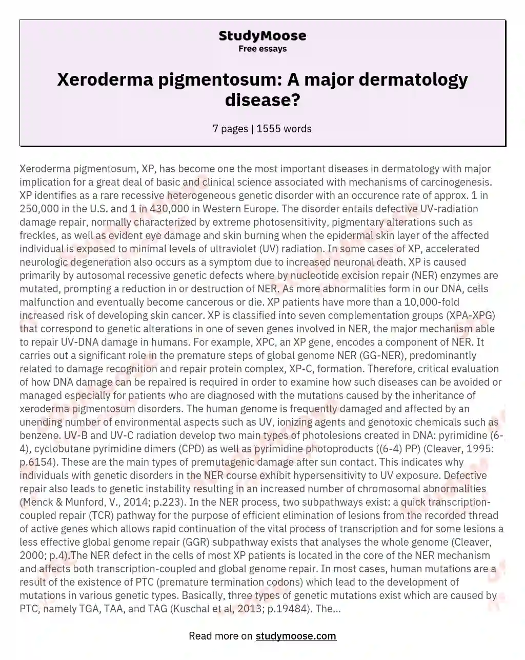 Xeroderma pigmentosum: A major dermatology disease? essay