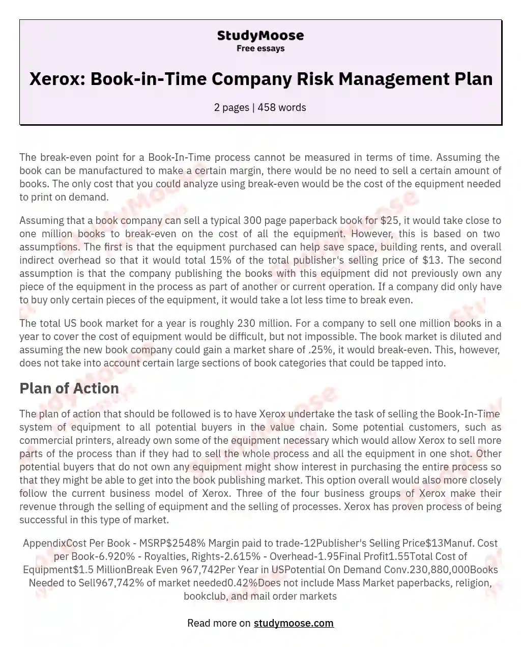 Xerox: Book-in-Time Company Risk Management Plan essay