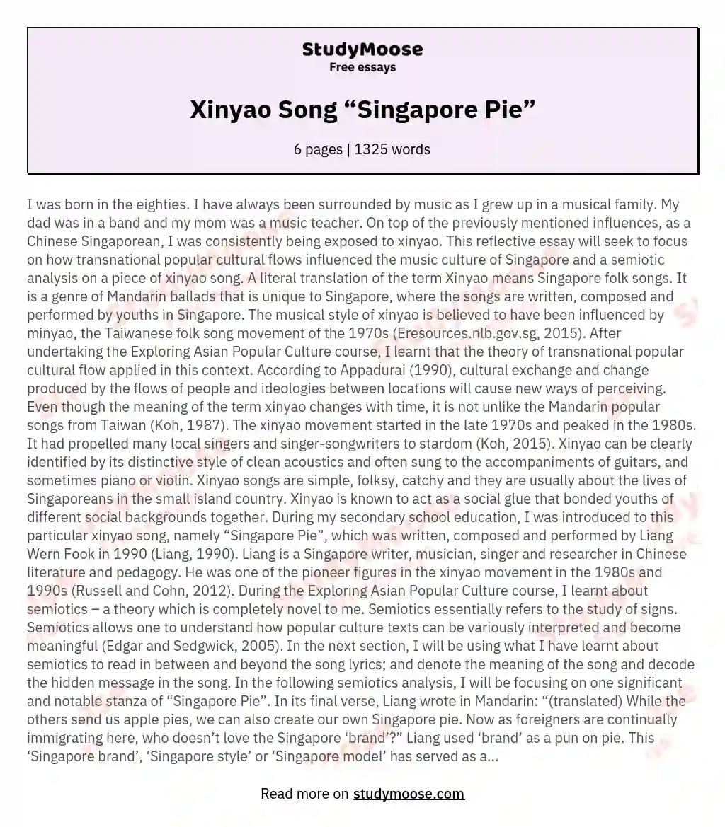 Xinyao Song “Singapore Pie” essay
