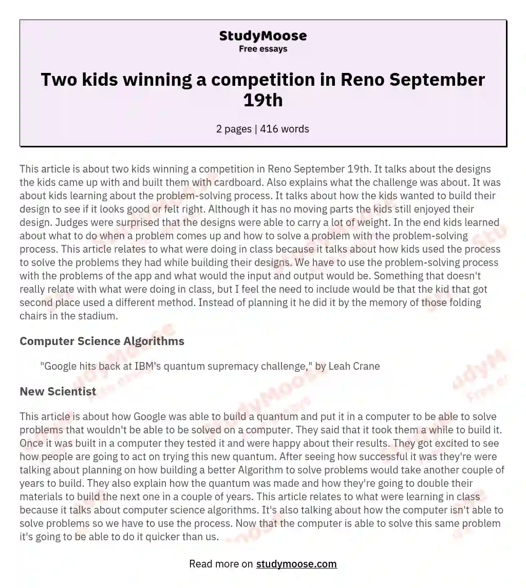 Two kids winning a competition in Reno September 19th essay