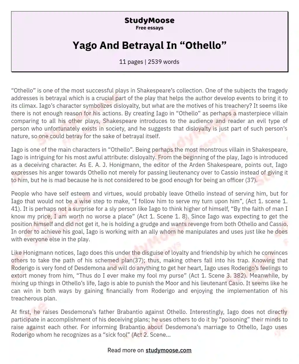 Yago And Betrayal In “Othello” essay