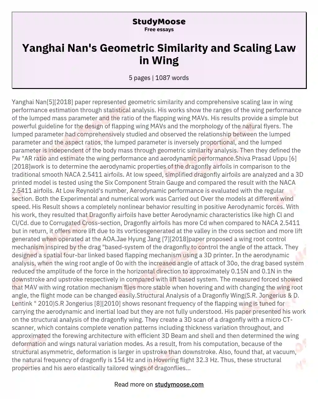 Yanghai Nan's Geometric Similarity and Scaling Law in Wing essay