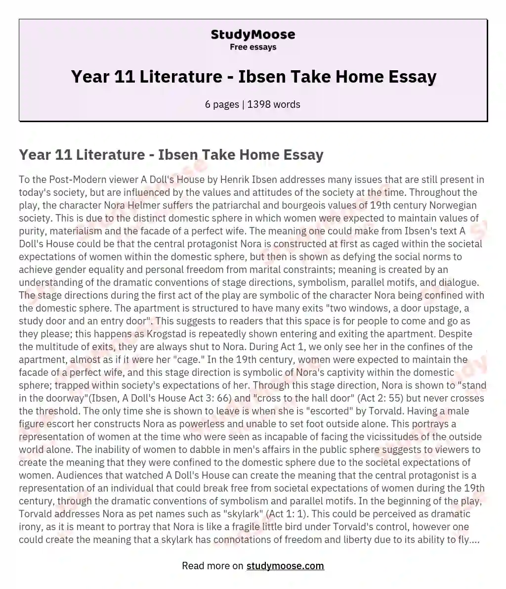 Year 11 Literature - Ibsen Take Home Essay essay
