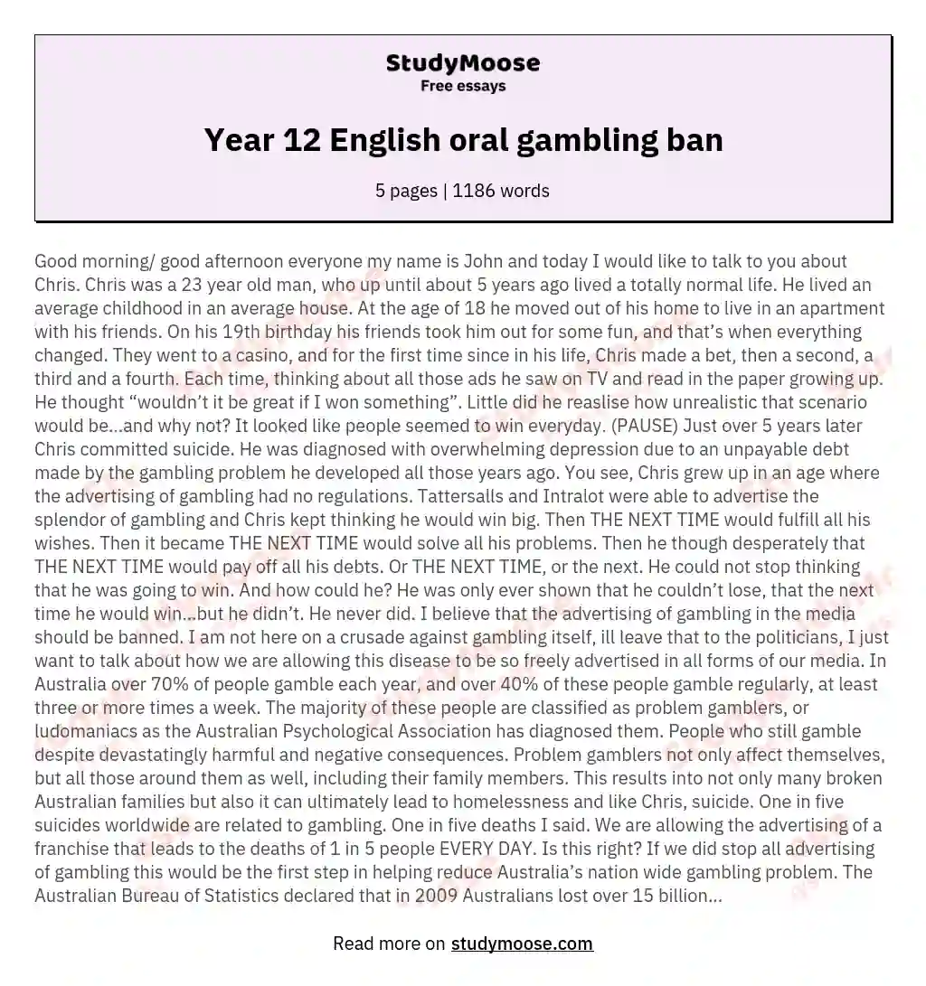 Year 12 English oral gambling ban essay