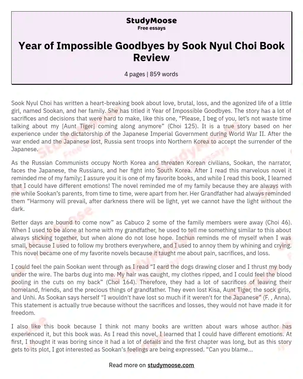 Year of Impossible Goodbyes by Sook Nyul Choi Book Review essay