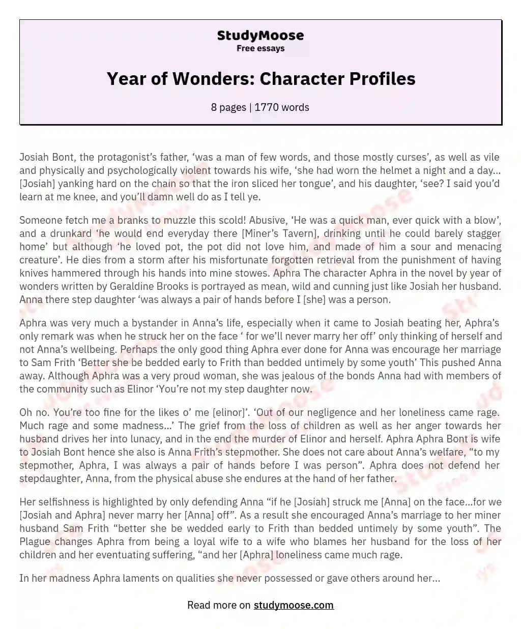 Year of Wonders: Character Profiles essay