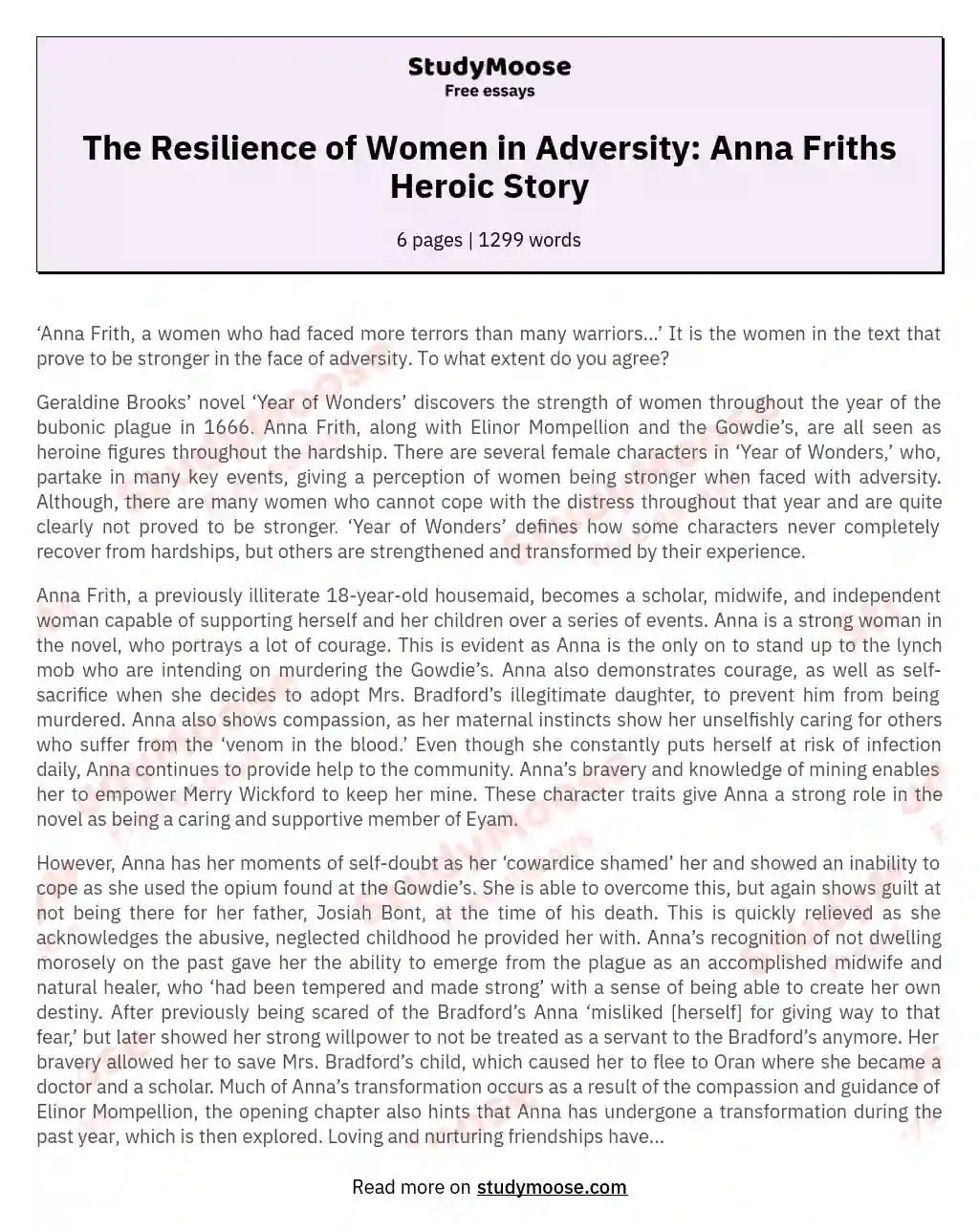 The Resilience of Women in Adversity: Anna Friths Heroic Story essay