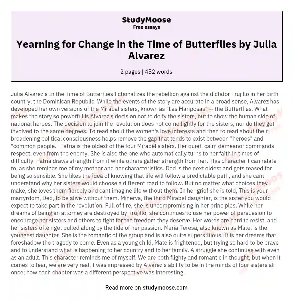 Yearning for Change in the Time of Butterflies by Julia Alvarez essay