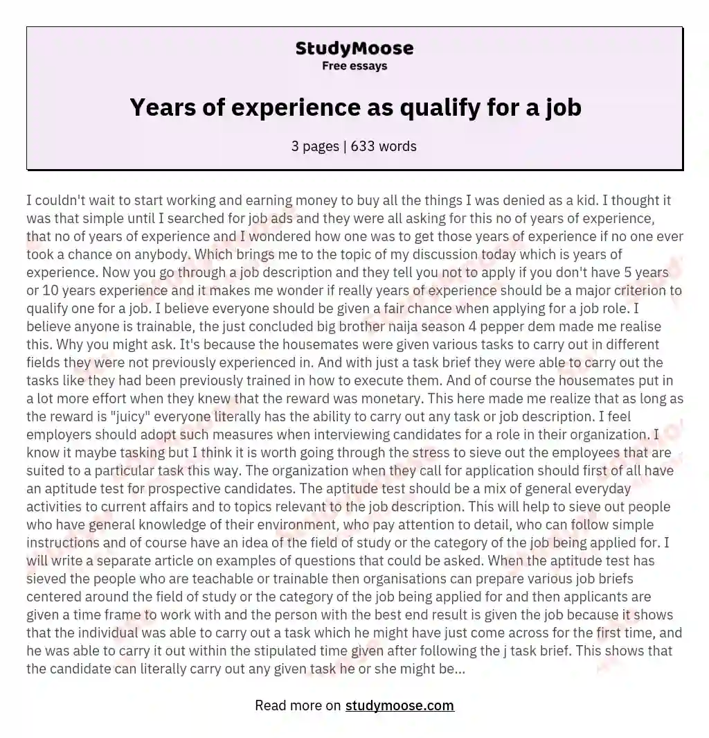 Years of experience as qualify for a job essay