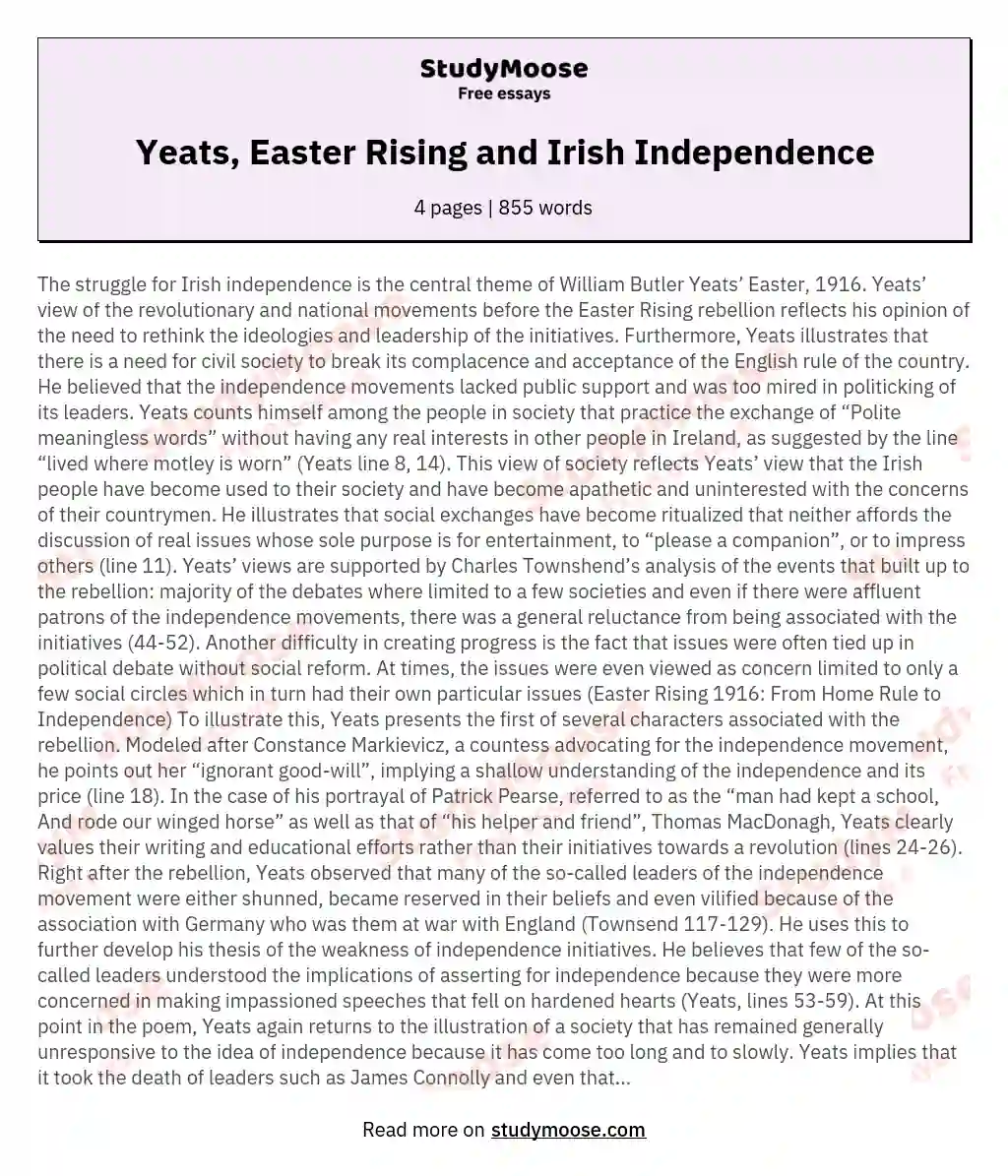 Yeats, Easter Rising and Irish Independence essay