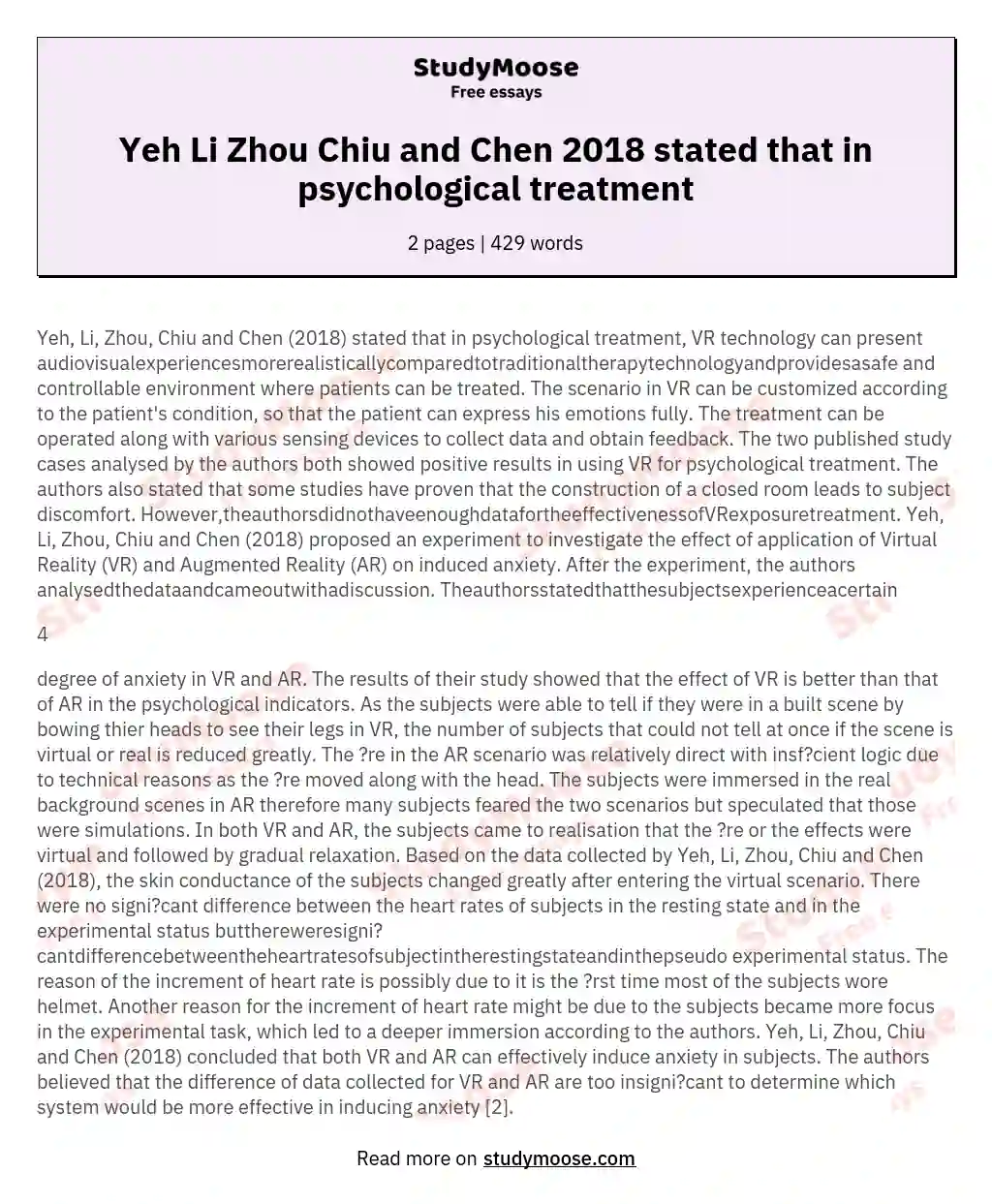 Yeh Li Zhou Chiu and Chen 2018 stated that in psychological treatment essay