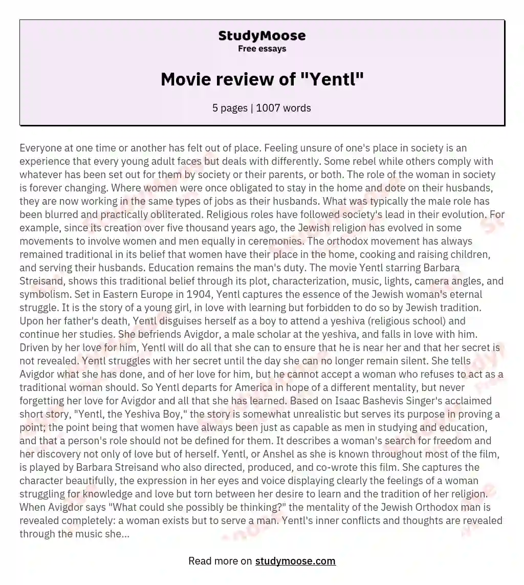 Movie review of "Yentl" essay
