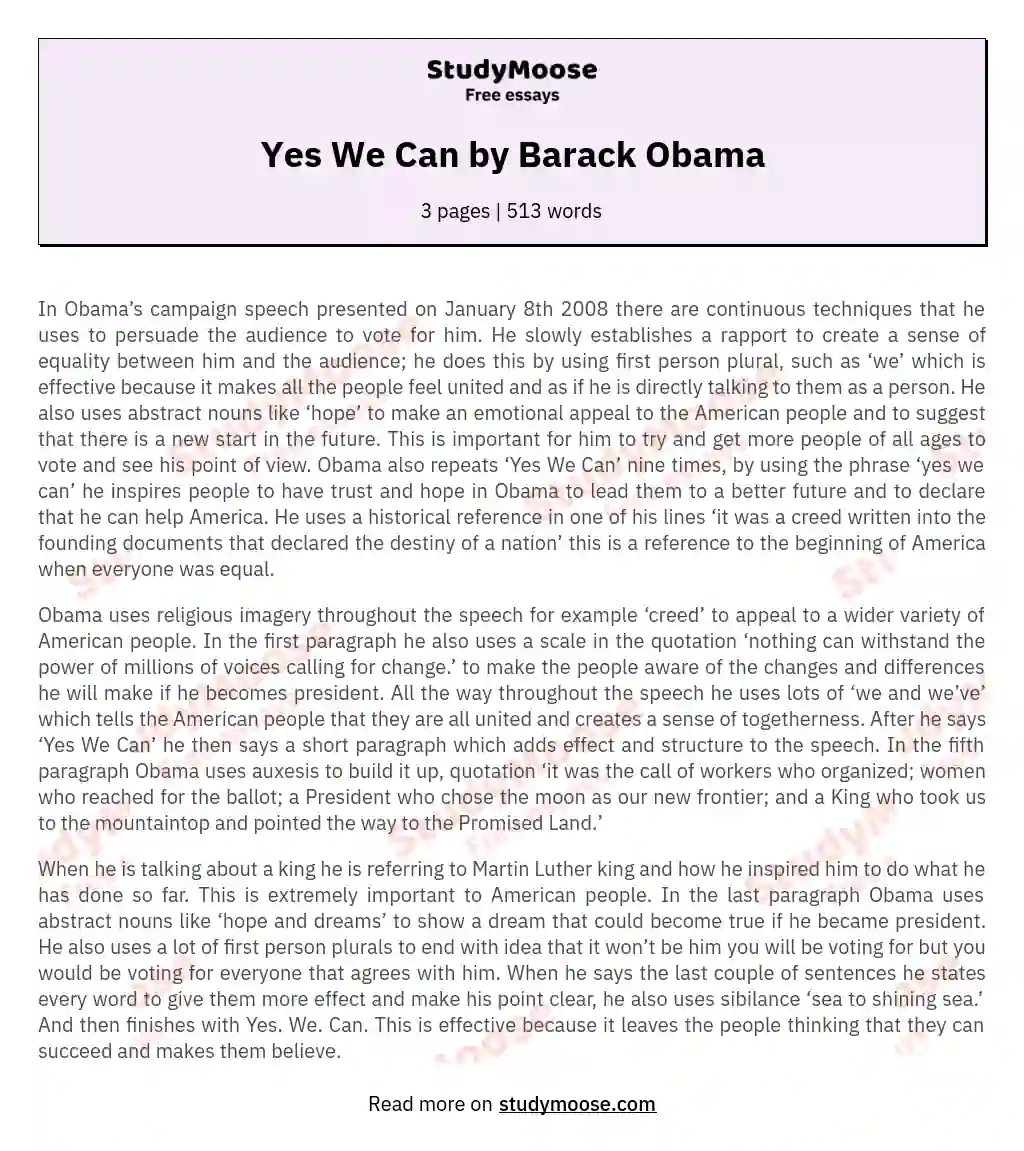 Yes We Can by Barack Obama essay