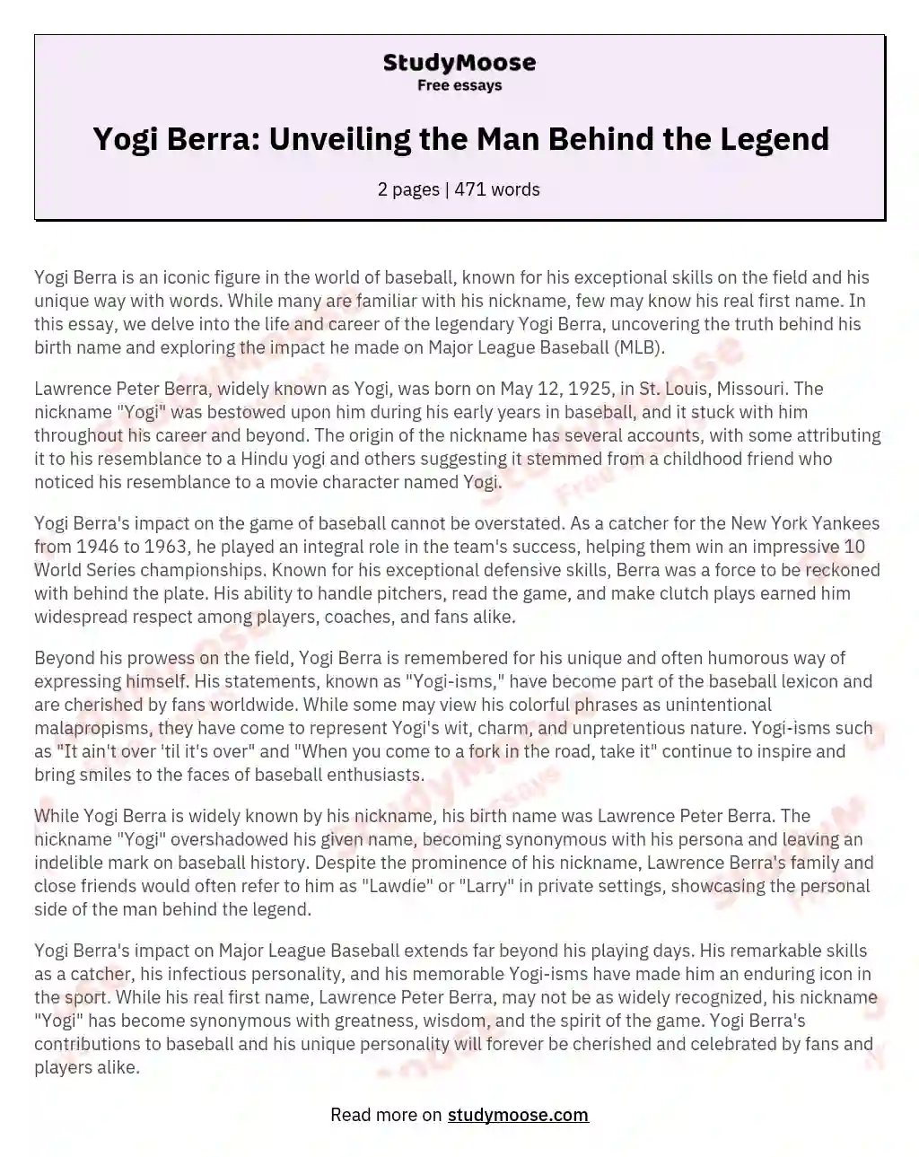 Yogi Berra: Unveiling the Man Behind the Legend essay