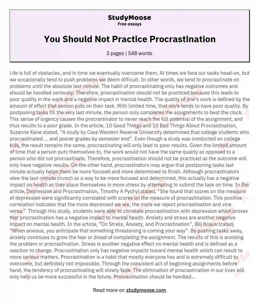 You Should Not Practice Procrastination essay