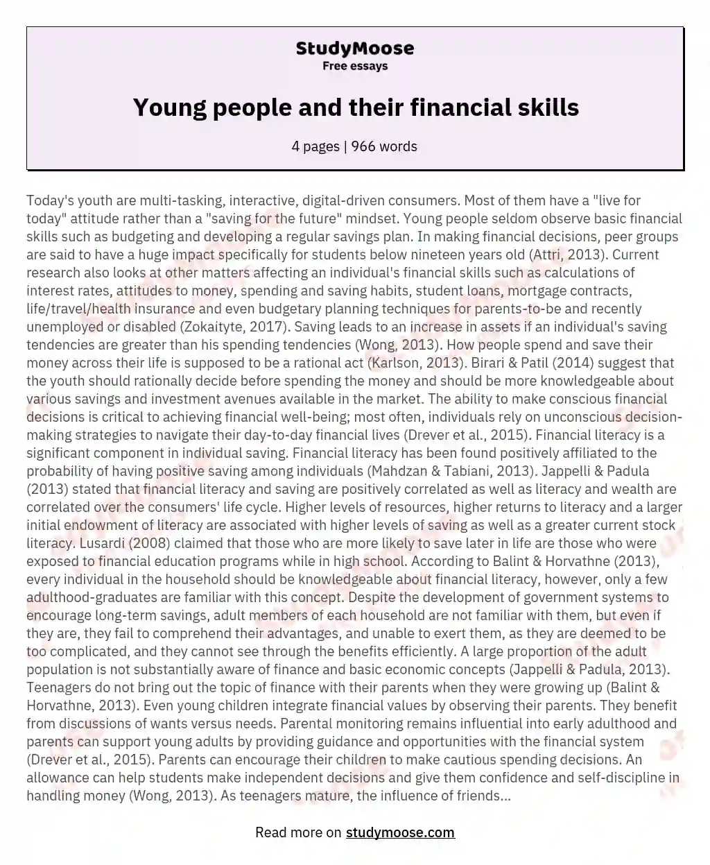 Young people and their financial skills essay