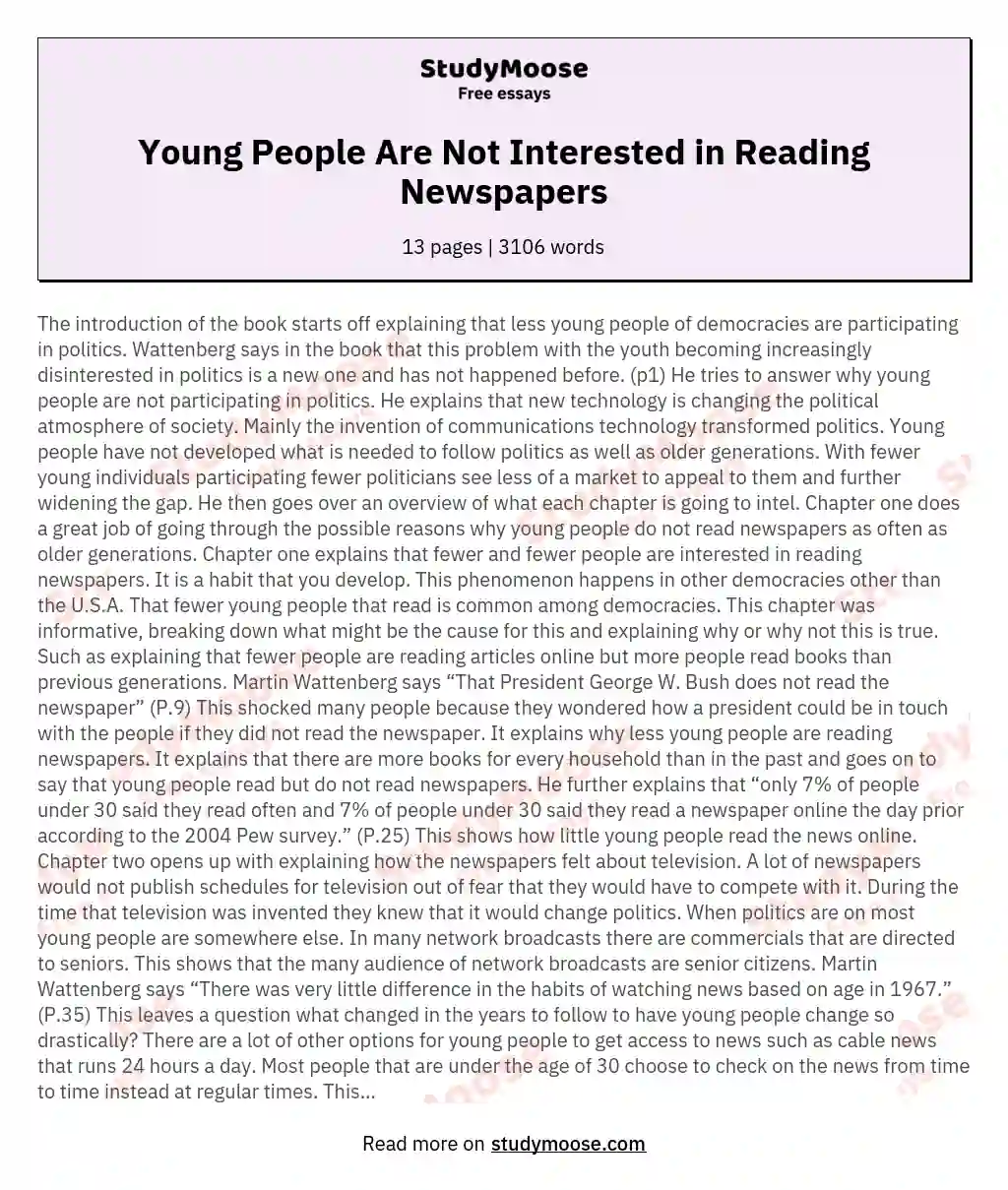 Young People Are Not Interested in Reading Newspapers essay