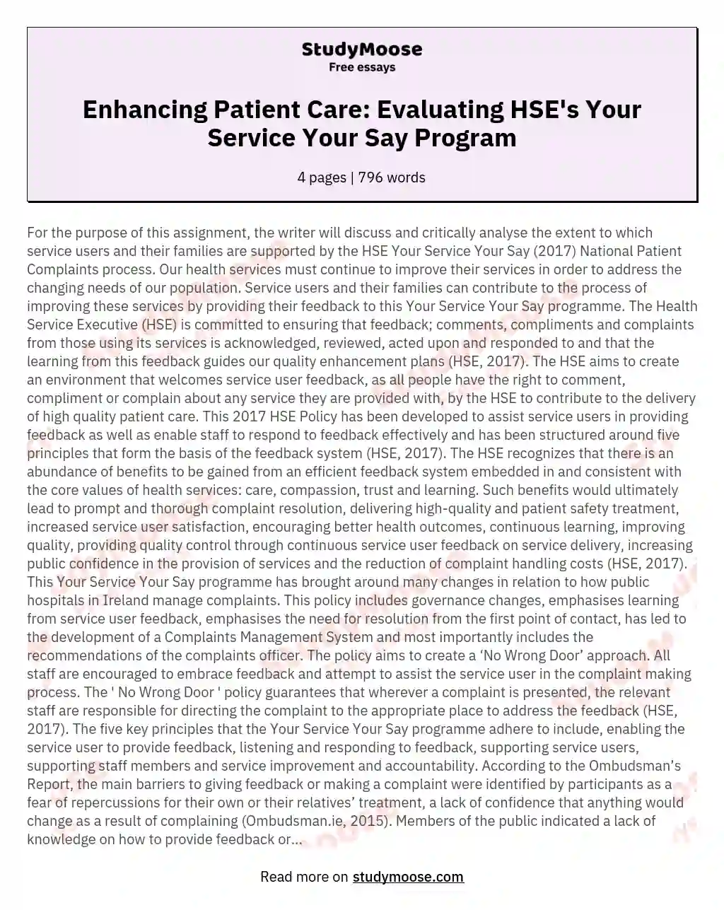 Enhancing Patient Care: Evaluating HSE's Your Service Your Say Program essay