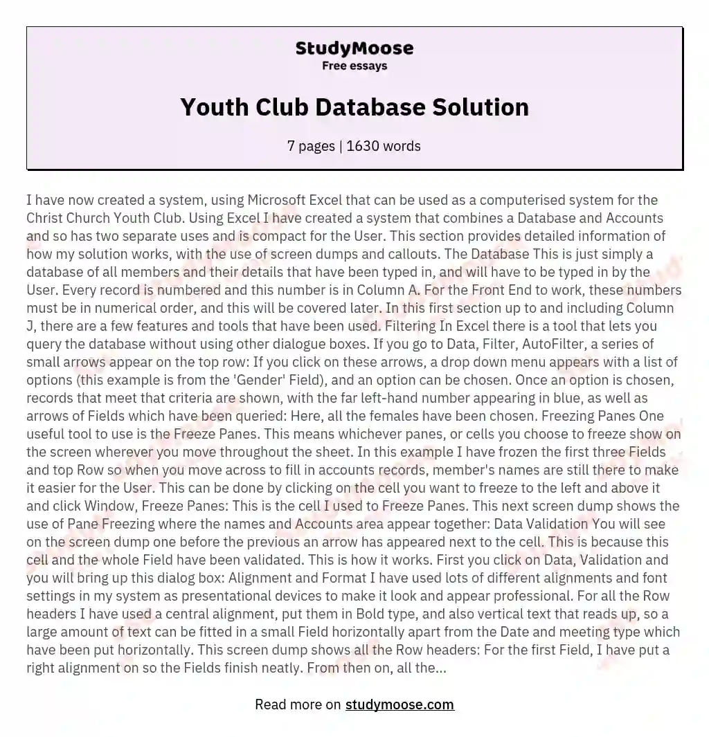 Youth Club Database Solution essay