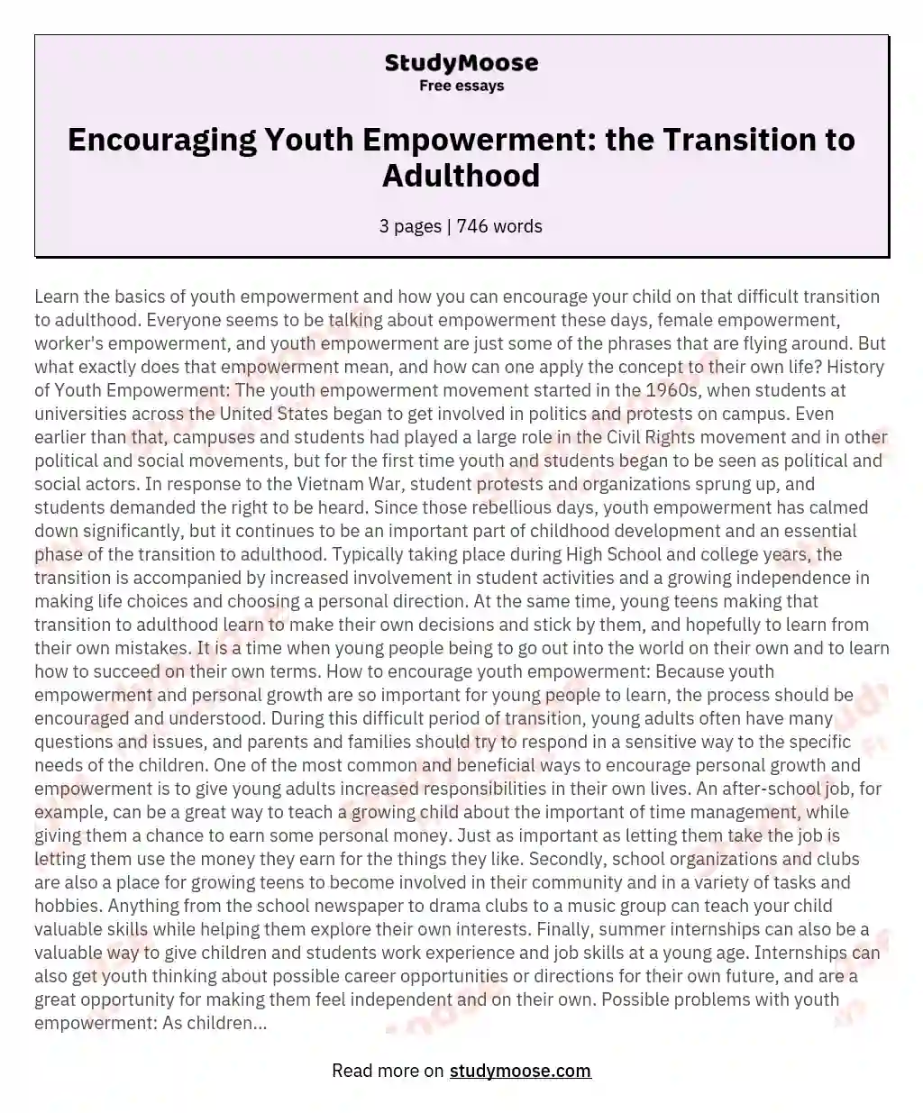 Encouraging Youth Empowerment: the Transition to Adulthood essay