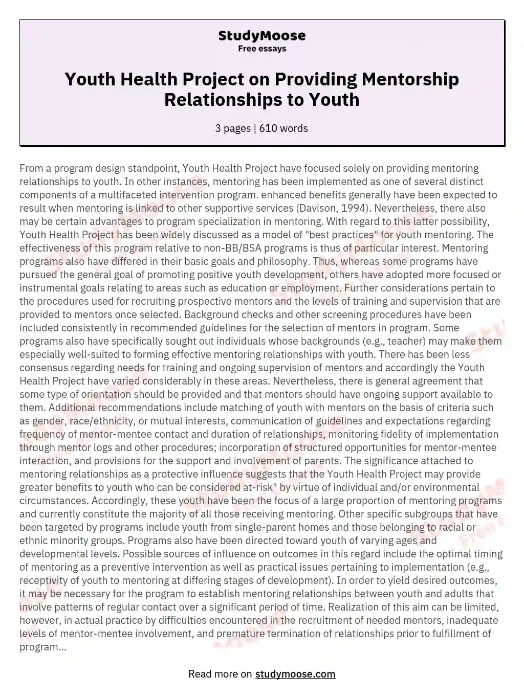 Youth Health Project on Providing Mentorship Relationships to Youth essay