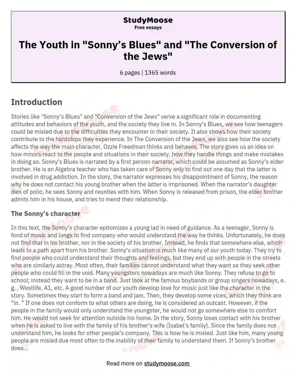 The Youth in "Sonny’s Blues" and "The Conversion of the Jews" essay